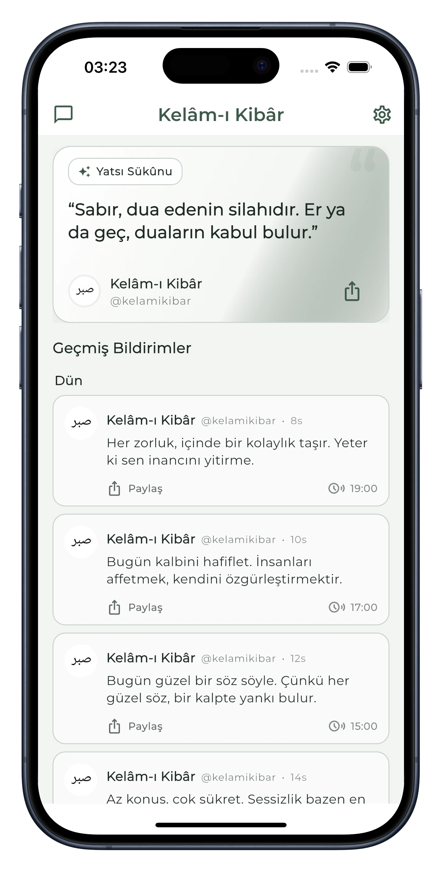 Kelâm-ı Kıbar uygulama ekranı